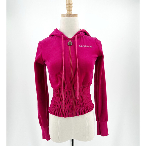 VTG Y2K Guess Velour Hoodie Zip Jacket Small Logo 90s Embellished Bling Pink - Picture 1 of 9